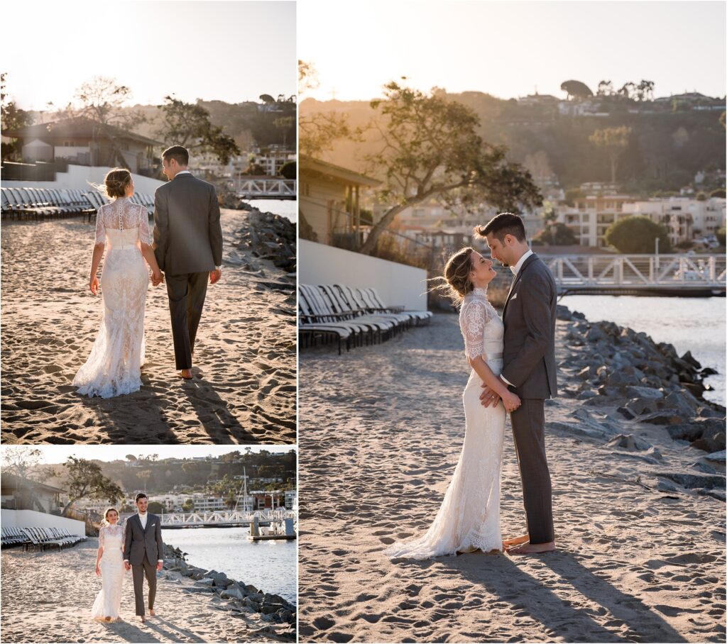 Bride and Groom walking on beach barefoot in San Diego CA