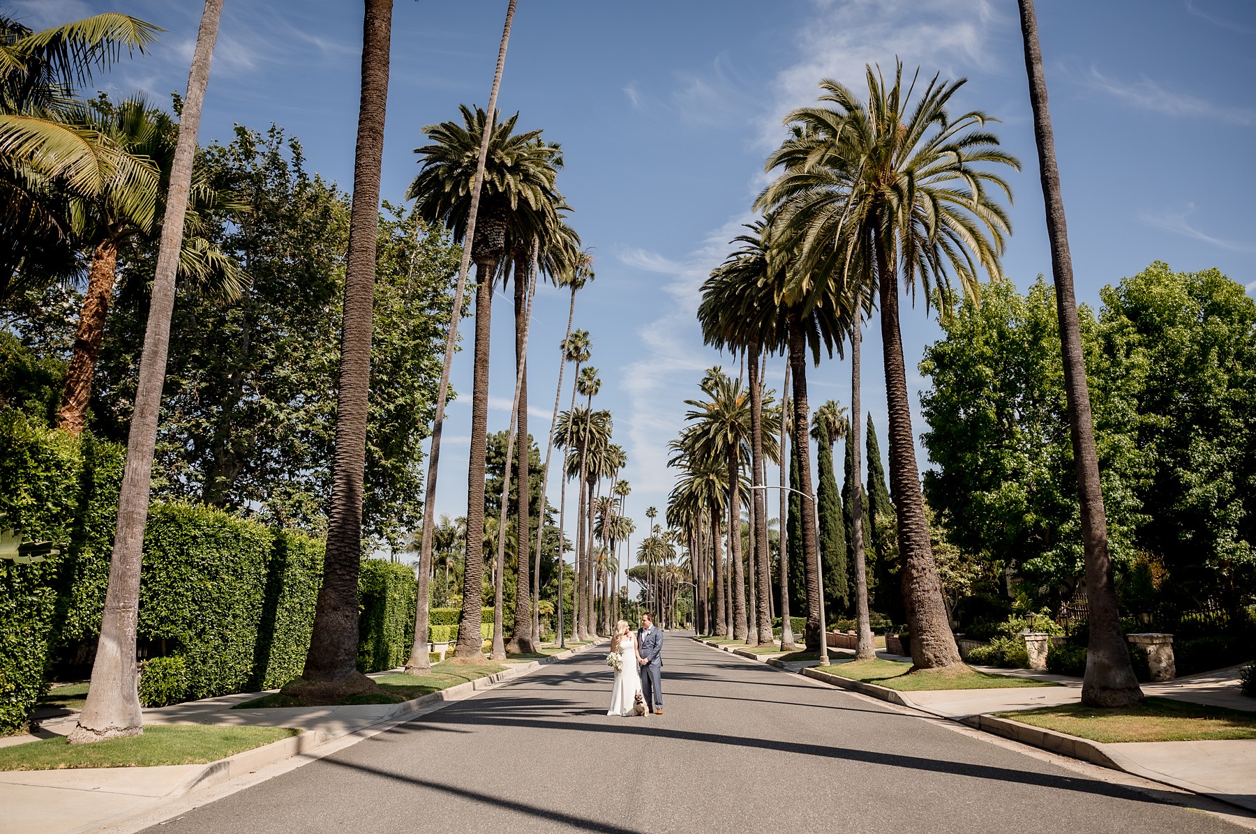 Bride and Groom on street lined with Palm trees Southern California Wedding Photos