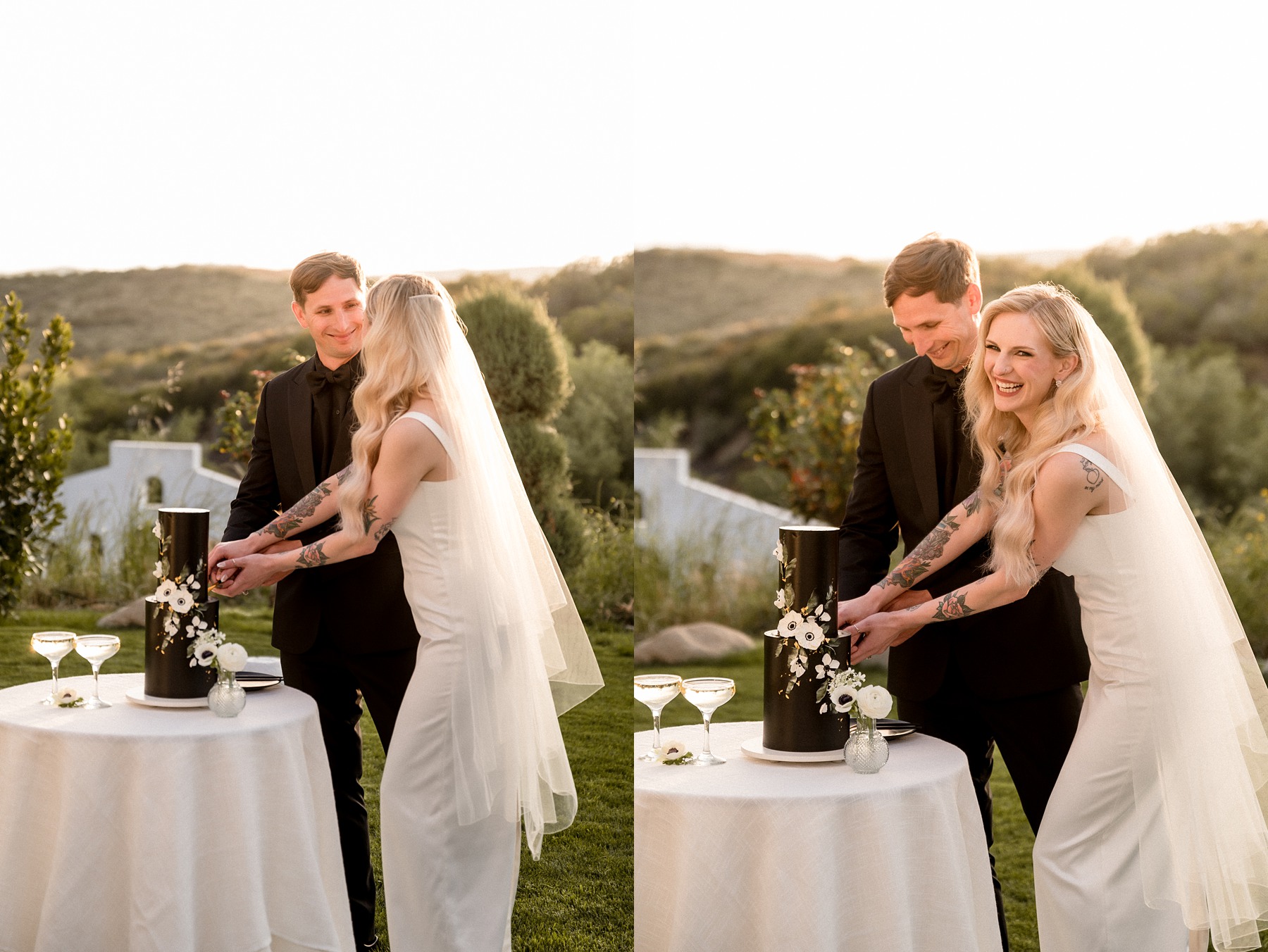 Wedding couple cutting black wedding cake